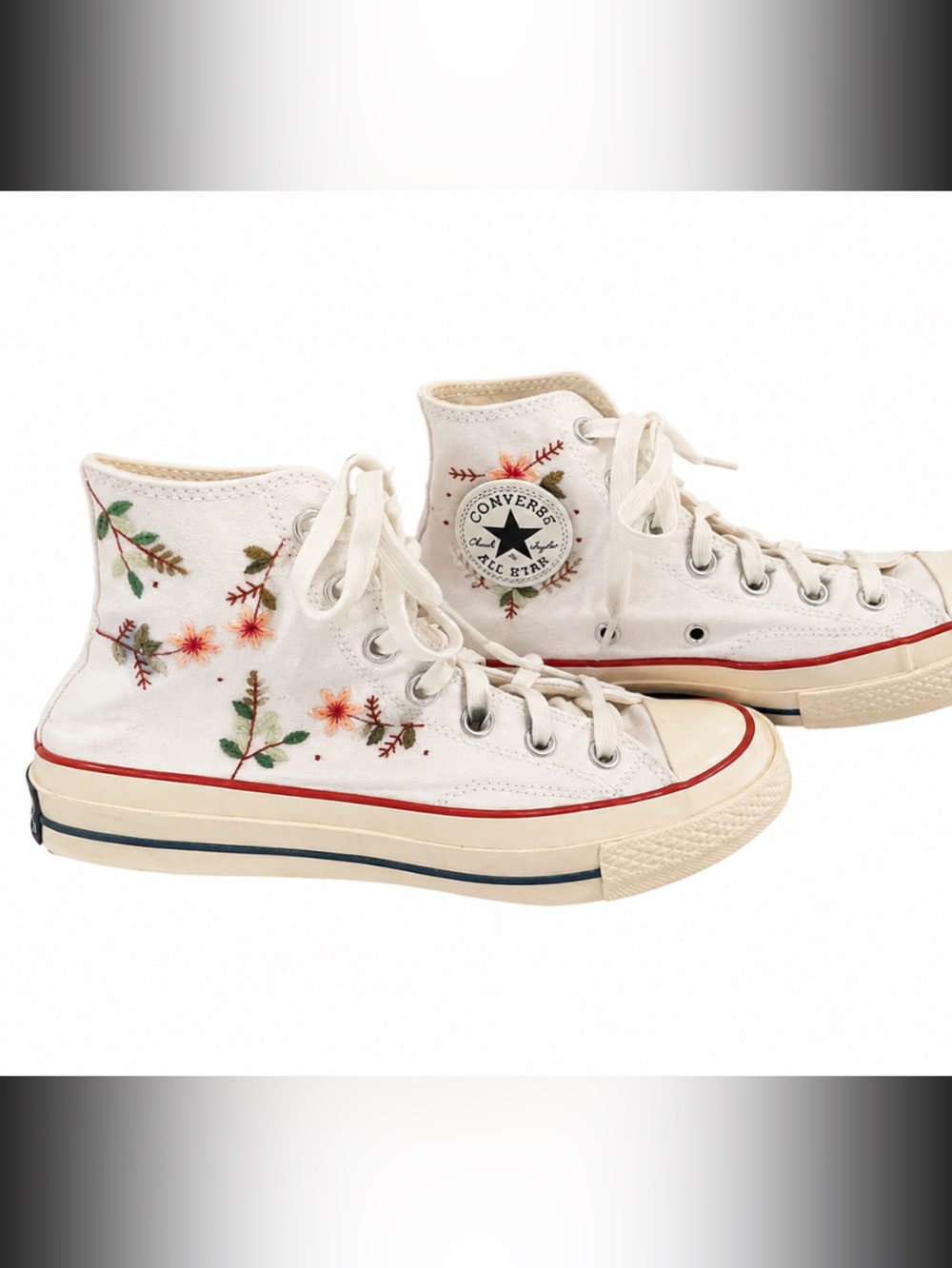CONVERSE Chuck Taylor White High Tops Custom Embroidered 70s Floral Design Size - Picture 3 of 10